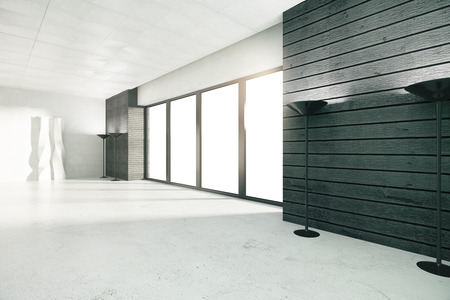 Empty loft interior with panoramic windows and wooden wallsの写真素材