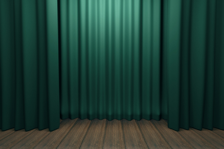 Stage with green scenes and wooden floorの写真素材