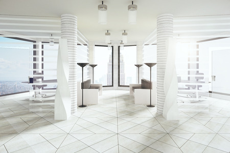 Modern white loft room with big windows and city viewの写真素材