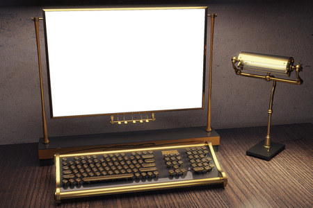 Typewriter keyboard in the style of steampunk on a wooden table and blank frame, mock upの写真素材