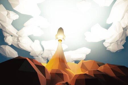 Blasts off space rocket from cosmodrom in the clouds, polygonal styleの写真素材