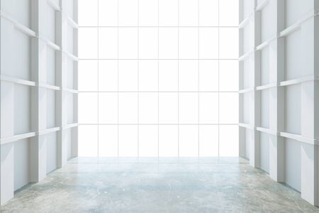 Modern empty room with big window, white walls and concrete floorの写真素材