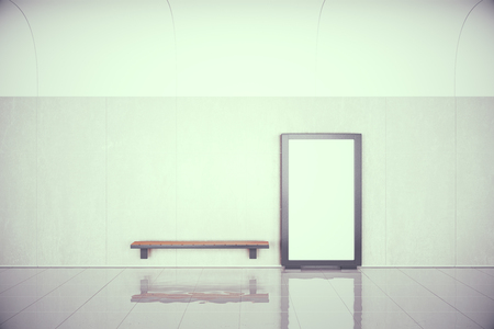 Blank poster on the wall and wooden bench in empty hall, mock up, 3D Renderの写真素材
