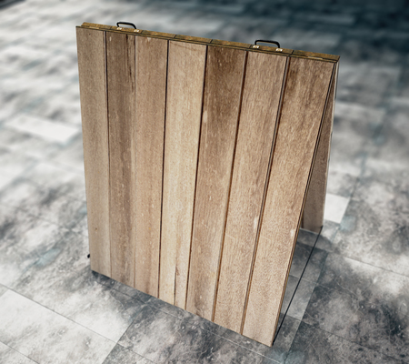 Blank wooden chalkboard on concrete floorの写真素材