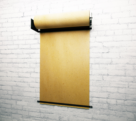 Parchment paper roll hanging on white brick wall. Mock up, 3D Renderの写真素材