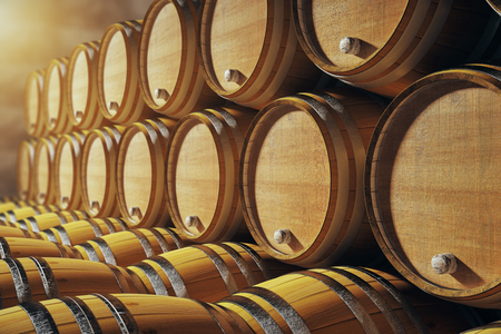 Close up of wooden barrels in winery. 3D Render