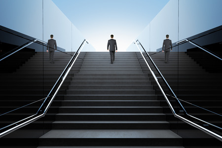 Black stairs in pedestrian subway with businessman and clear blue skies with sunshine. 3D Renderの写真素材