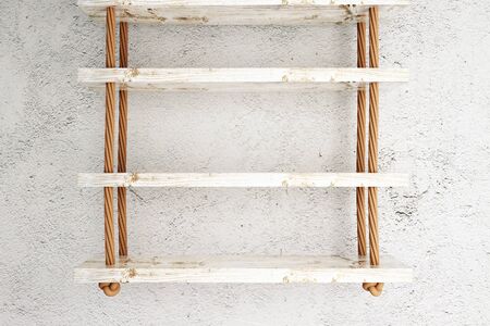 Suspended wooden shelves on white concrete wall. Mock up, 3D Renderingの写真素材