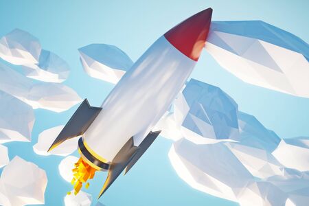 Start up concept with rocket in abstract light blue cloudy sky. 3D Renderingの写真素材