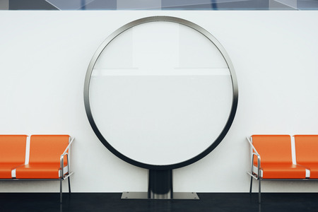 Round billboard stand and orange benches against white wall. Mock up, 3D Renderingの写真素材