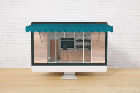 Ordering food online concept with cafe exterior on computer screen placed on wooden desktop and brick wall background. 3D Renderingの写真素材