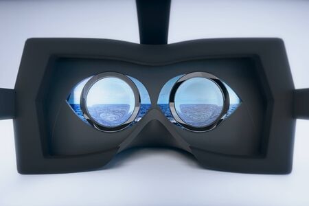 Virtual reality glasses with city view on grey background. 3D Rendering