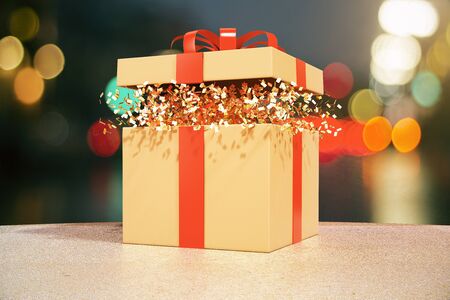 Desktop with opened gift box with blurry lights in the background. 3D Rendering