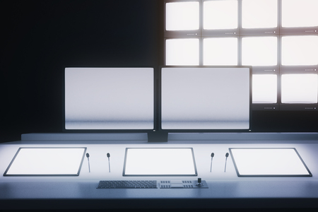 Front view of blank monitors and screen on security desk. Mock up, 3D Renderingの写真素材