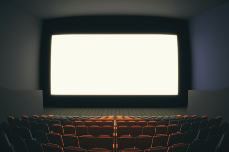 Cinema hall interior with rows of seats and blank white screen. Fish eye lens. Mock up, 3D Renderingの写真素材