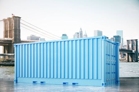 Blue cargo container on concrete ground in city. 3D Rendering