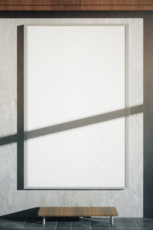 Blank poster with shadow in interior with bench, concrete wall and patterned tile floor. Mock up, 3D Renderingの写真素材