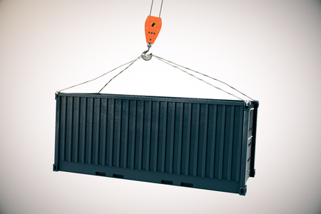 Crane hook with black cargo container on light background. 3D Rendering