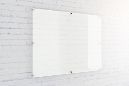 Blank glass plate on white brick wall background. Mock up, 3D Renderingの写真素材