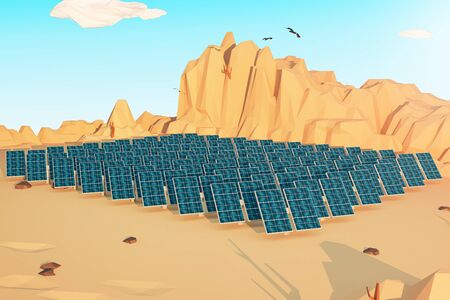 Solar panels in polygonal desert with mountains, several clouds and birds in the sky. 3D Rendering