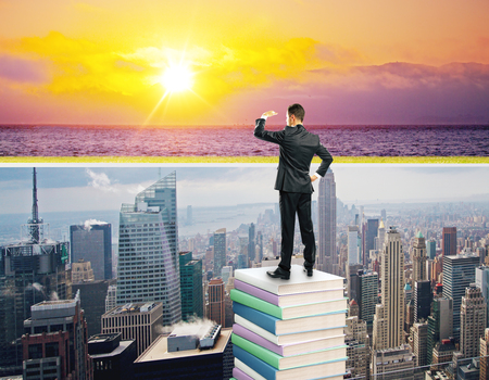 businessman standing on stack of books and looking to ocean view.