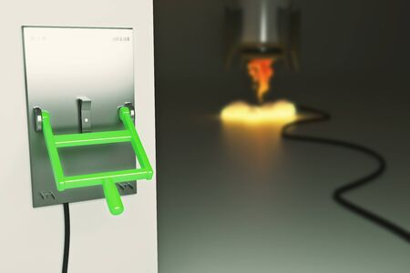 Startup concept with abstract blurry launching rocket ship connected to green lever switch on dark...