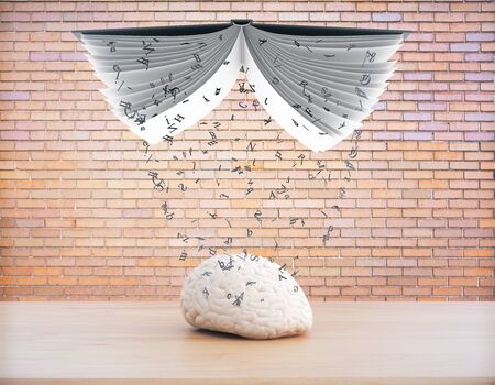 Education concept with information pouring out of book into brain on red brick wall background. 3D...