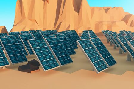 Closeup of solar panels in polygonal desert. 3D Rendering