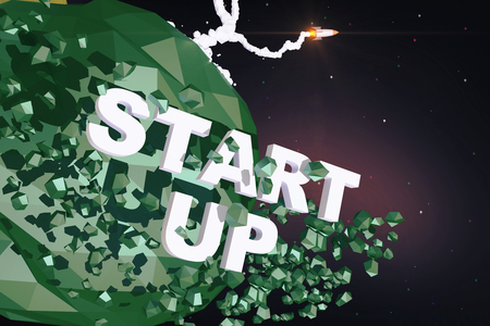 Rocket ship launching from abstract green polygonal planet with text. Startup concept, 3D Renderingの写真素材