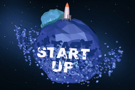 Polygonal rocket ship on abstract blue planet with text. Startup concept, 3D Rendering