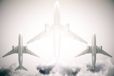 Bottom view of three airplanes on grey sky background with sunlight. 3D Rendering