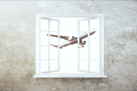 Front view of concrete wall with window and flying by airplane view. 3D Renderingの写真素材