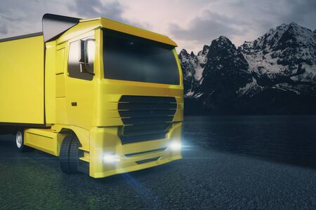 Closeup and side view of yellow truck with blank trailer on mountain landscape background. Mock up, 3D Renderingの写真素材