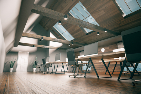 Side view of coworking office design with blank computer monitors, wooden floor, walls, ceiling and city view. Country style interior. Mock up, 3D Renderingの写真素材