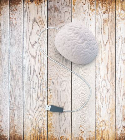 Brainstorming concept with abstract human brain usb plug on aged wooden surface. 3D Renderingの写真素材