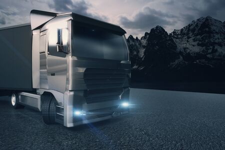 Closeup and side view of black truck with blank trailer on mountain landscape background. Mock up, 3D Renderingの写真素材