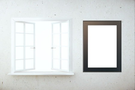 Concrete wall with blank picture frame and white window. Mock up, 3D Renderingの写真素材