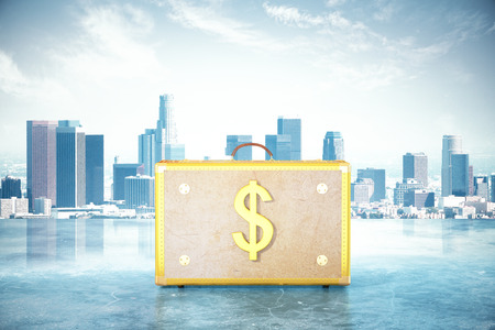 Golden suitcase with dollar sign on city background. Financial growth concept. 3D Renderingの写真素材