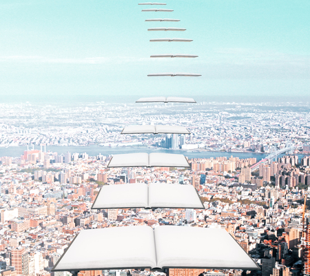 Success ladder made of open books on city background. Education concept, 3D Renderingの写真素材