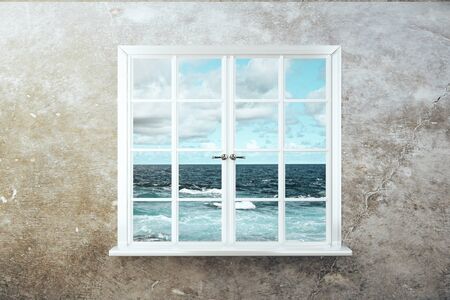 Window with stormy sea view on concrete wall. 3D Rendering