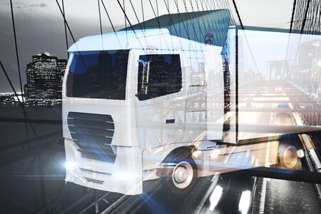 Big truck on abstract city background. Transportration conceptの写真素材