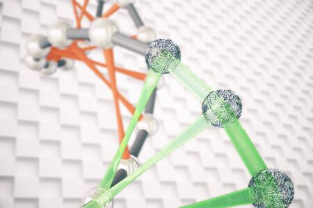 Abstract red and green DNA molecules on patterned background. 3D Rendering
