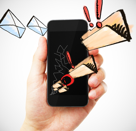 Male hand holding smartphone with email and folder sketches on light background. Communication conceptの写真素材