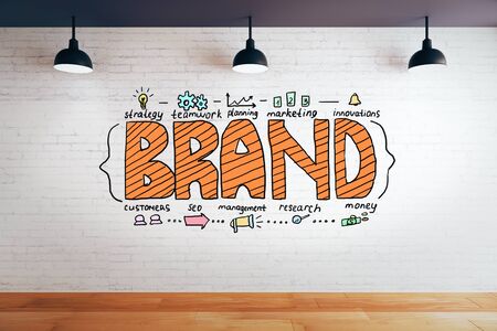 Brand management concept. White brick interior with creative sketch. 3D Renderingの写真素材