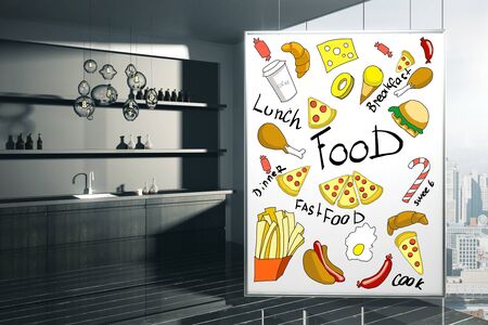 Dark kitchen interior with creative food sketch on poster and city view. 3D Renderingの写真素材