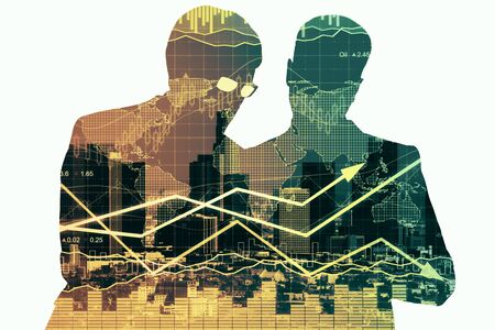 Two businesspeople silhouettes discussing something on abstract background with city and forex chart. Partnership and financial growth concept. Double exposureの写真素材