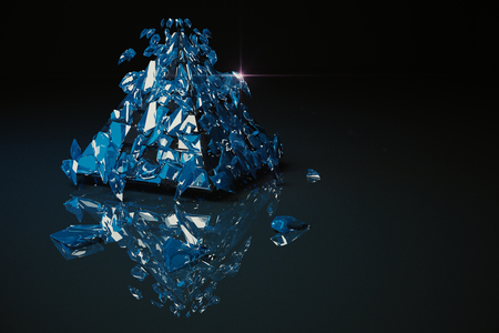 Abstract broken blue glass figure on dark background with reflection. 3D Renderingの写真素材