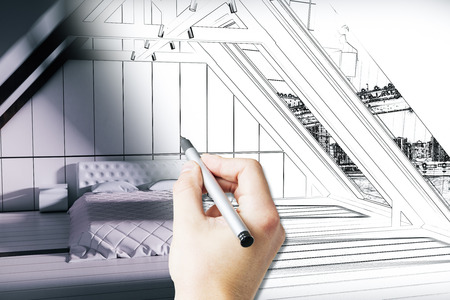 Male hand drawing loft bedroom blueprint with furniture. 3D Renderingの写真素材