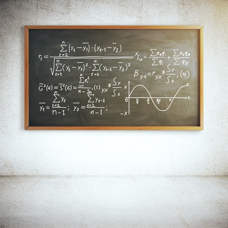 Chalkboard with mathematical formulas in concrete room. Education concept. 3D Renderingの写真素材