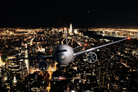 Airplane on illuminated night city background. 3D Rendering
